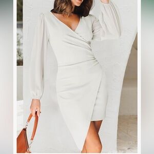 NWT ZESICA white detailed puff sheer long sleeve mini dress size L.